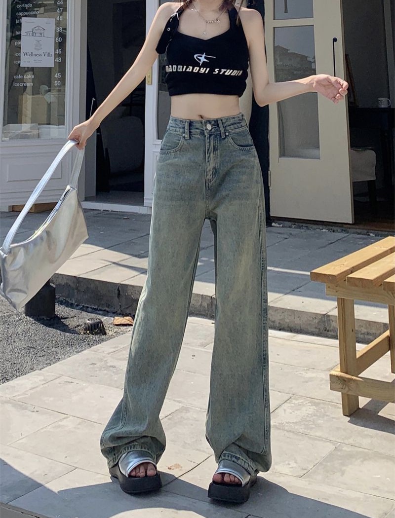 Mopping retro jeans wide leg high waist long pants for women