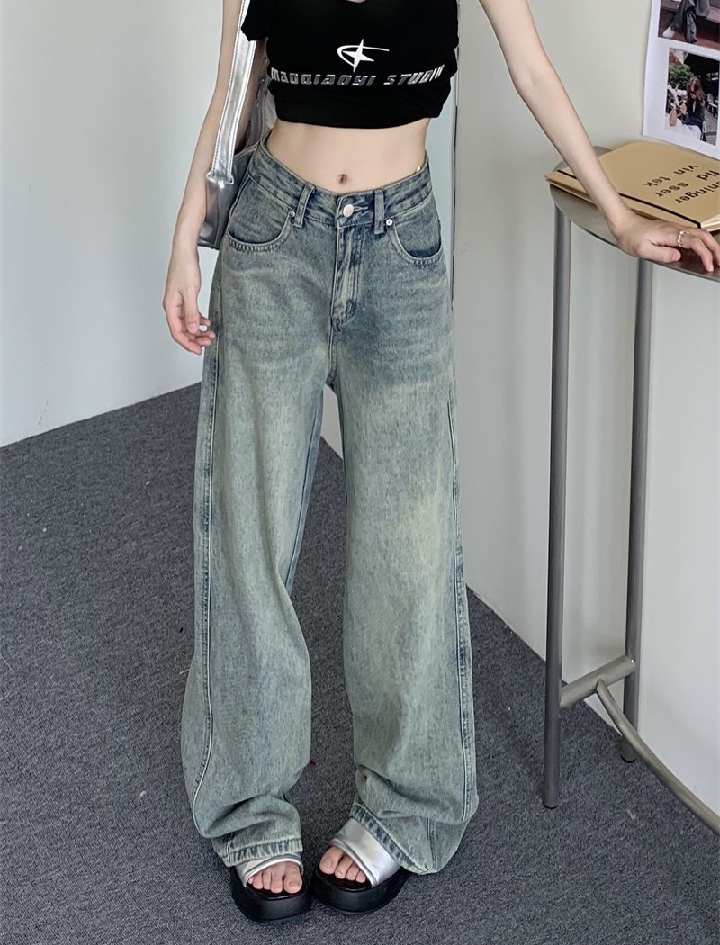 Mopping retro jeans wide leg high waist long pants for women