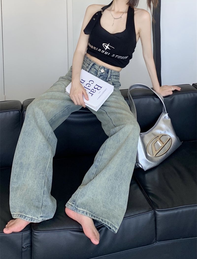 Mopping retro jeans wide leg high waist long pants for women