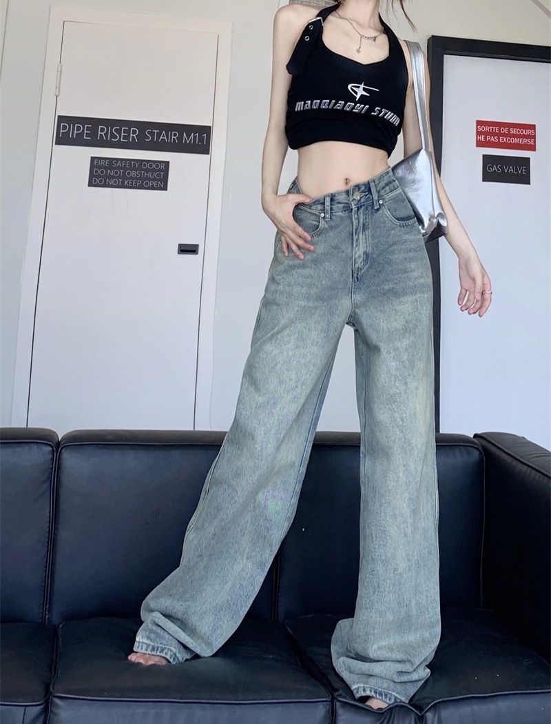 Mopping retro jeans wide leg high waist long pants for women