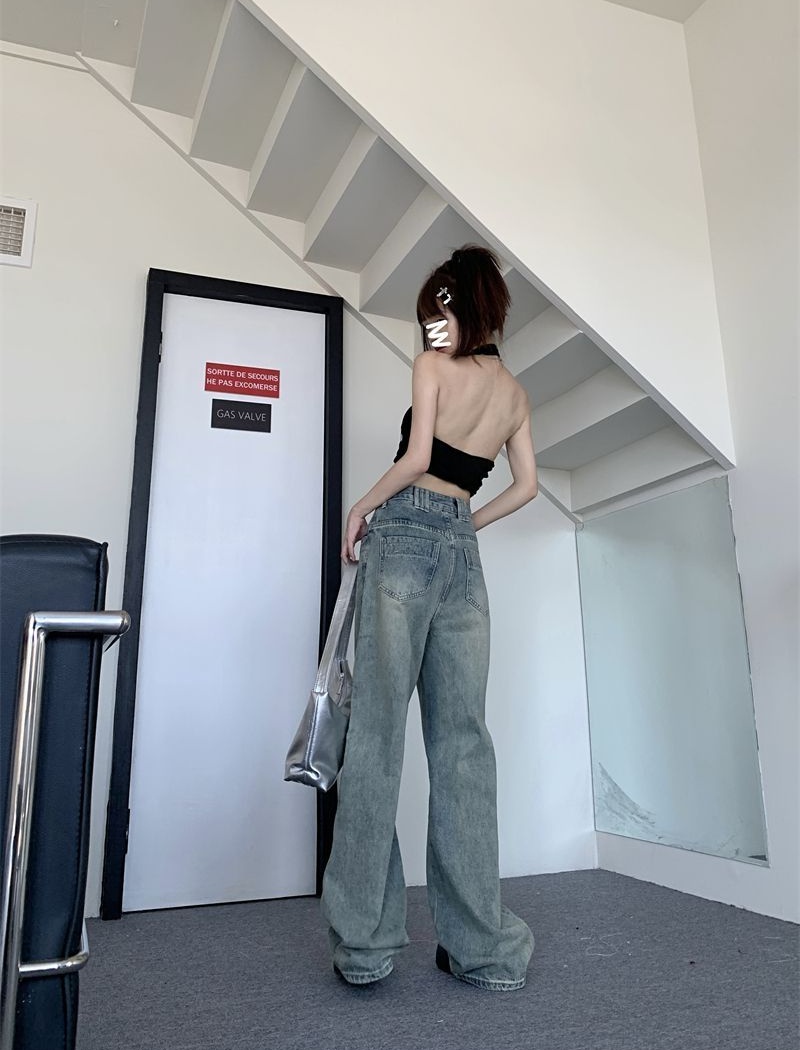 Mopping retro jeans wide leg high waist long pants for women