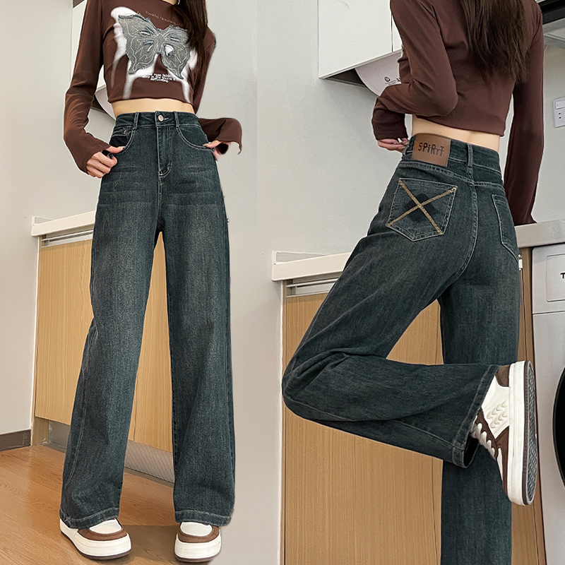 Drape summer wide leg straight embroidery jeans