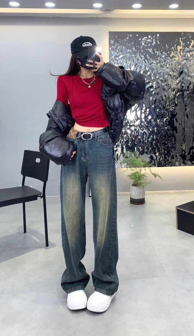 Mopping straight long pants high waist pocket jeans for women