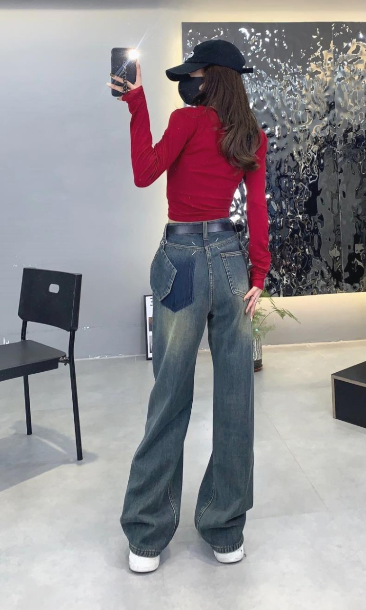 Mopping straight long pants high waist pocket jeans for women