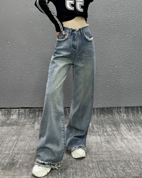 High waist straight pants retro mopping jeans for women