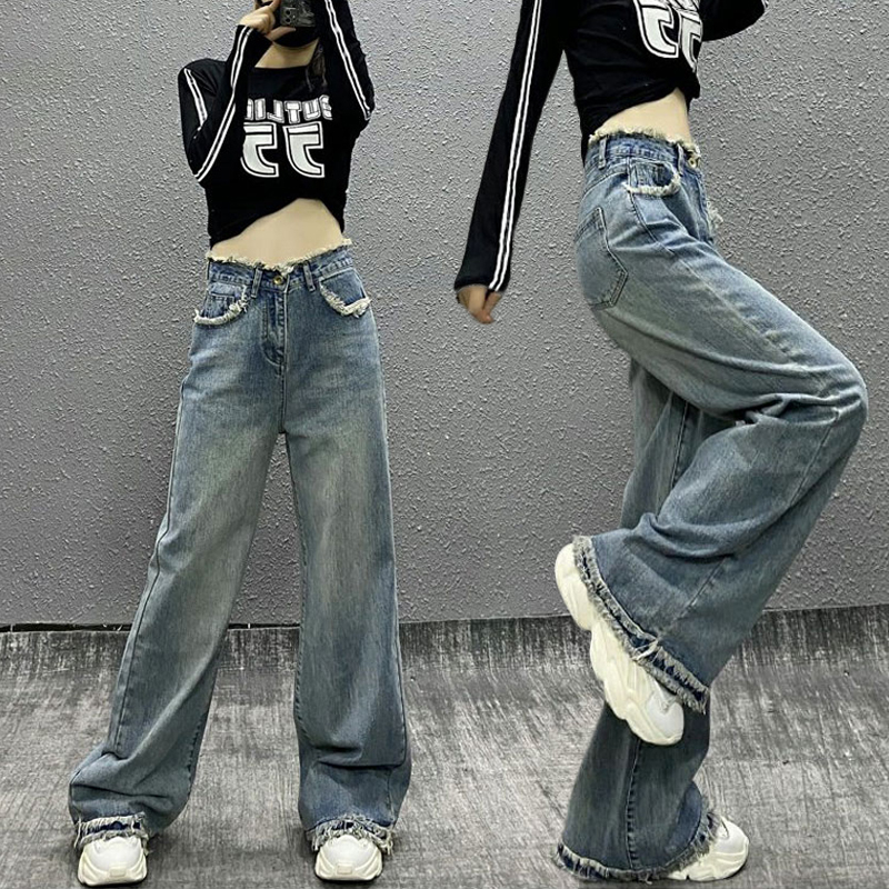 High waist straight pants retro mopping jeans for women