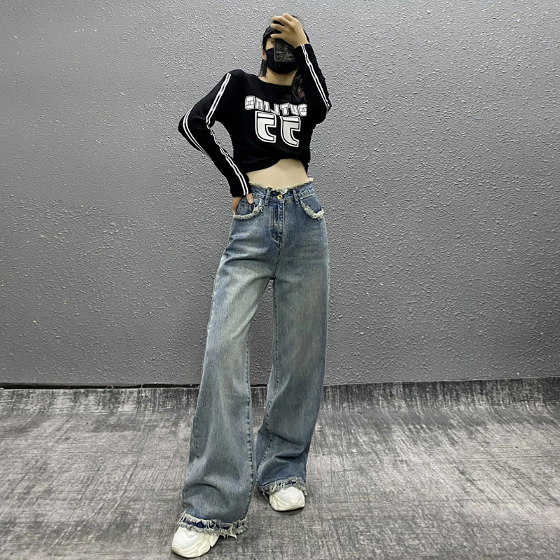 High waist straight pants retro mopping jeans for women