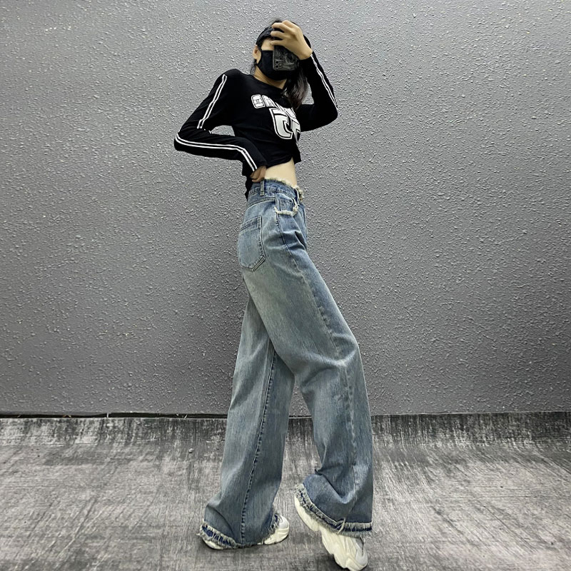 High waist straight pants retro mopping jeans for women