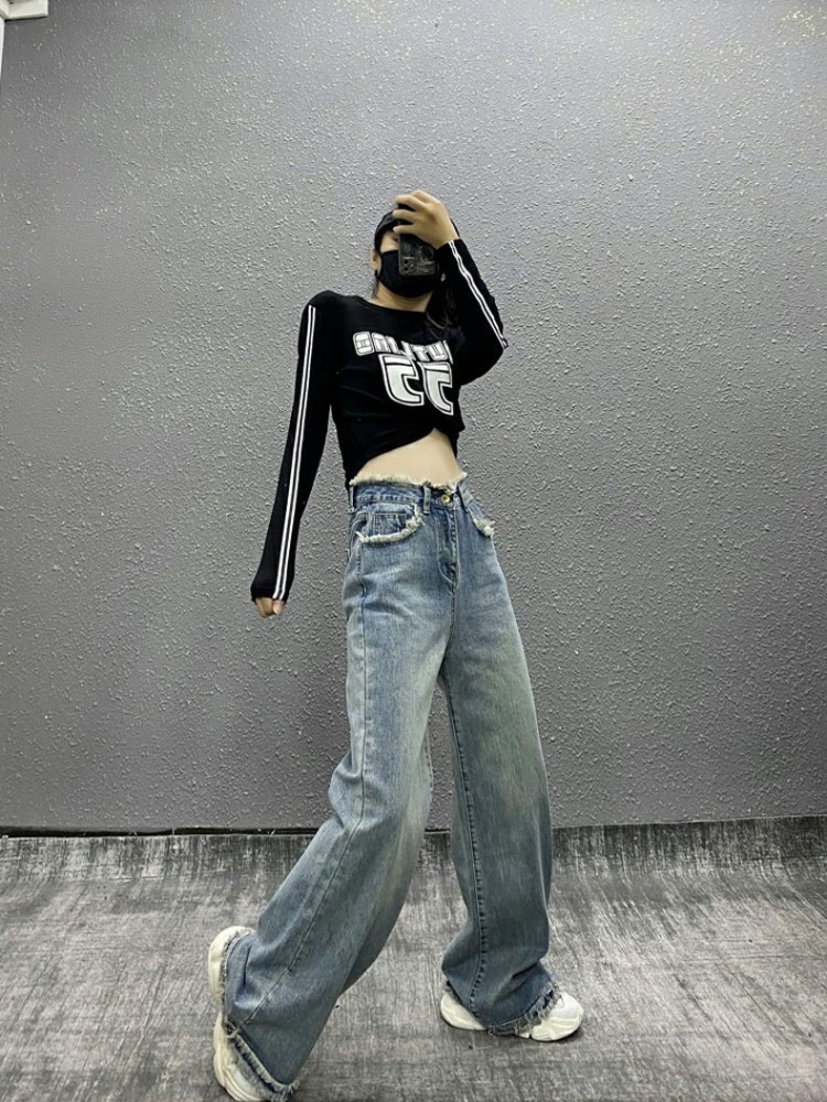 High waist straight pants retro mopping jeans for women