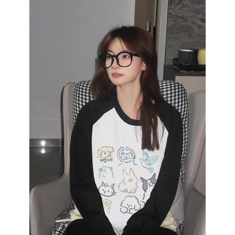 Raglan mixed colors printing long sleeve T-shirt for women