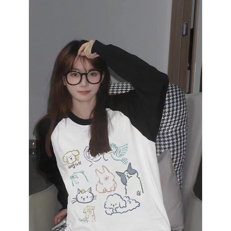 Raglan mixed colors printing long sleeve T-shirt for women