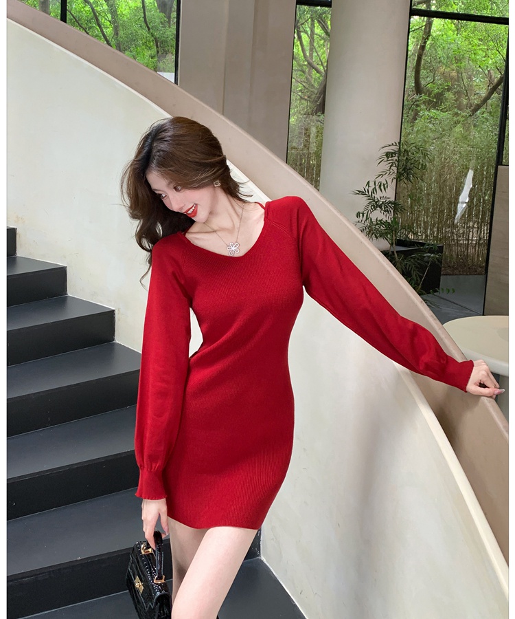 Lantern sleeve knitted small fellow V-neck dress for women