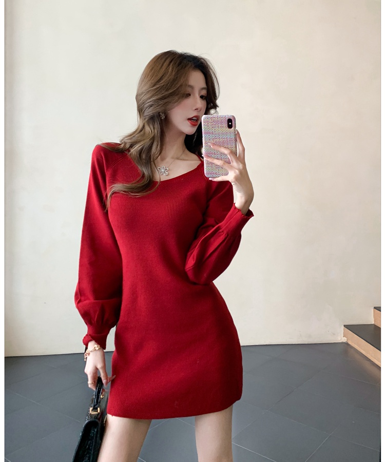 Lantern sleeve knitted small fellow V-neck dress for women