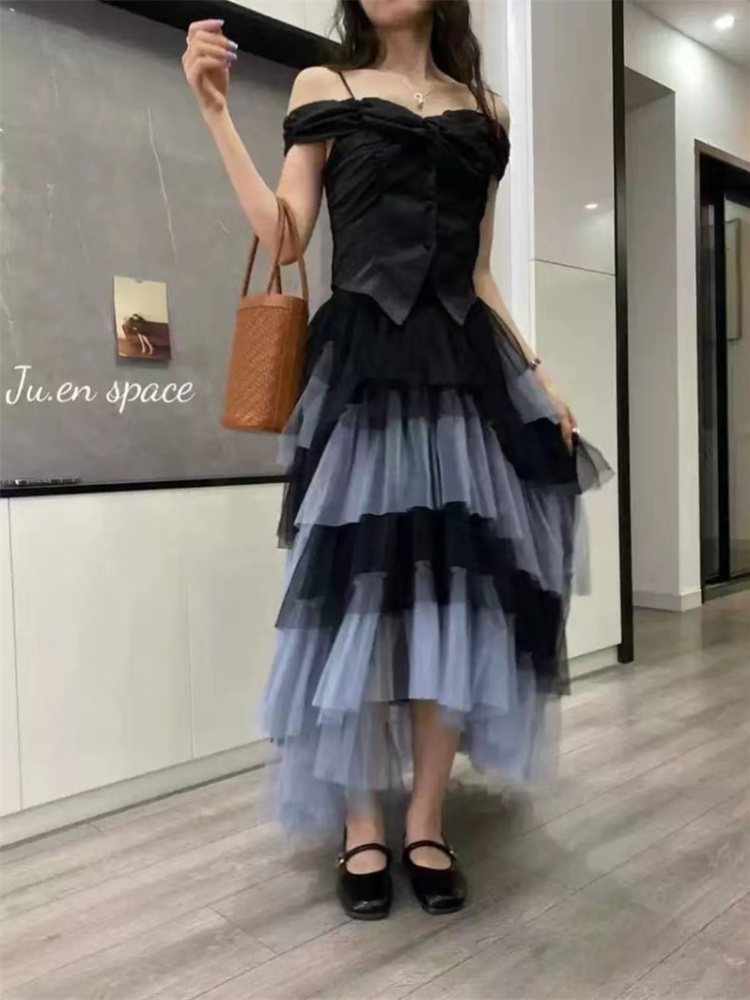 High waist splice spring and summer light gauze skirt