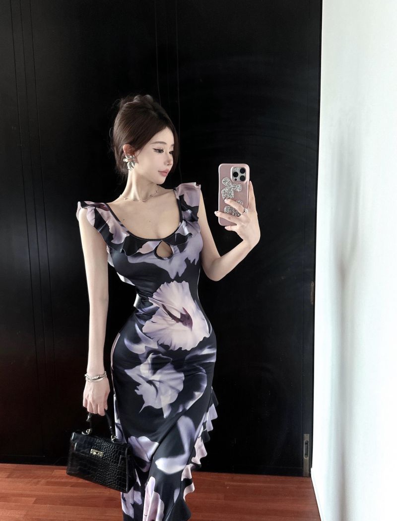 European style sling niche split wood ear halter dress