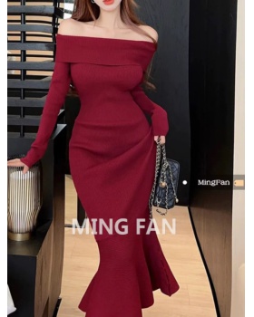 Slim red mermaid knitted package hip temperament dress