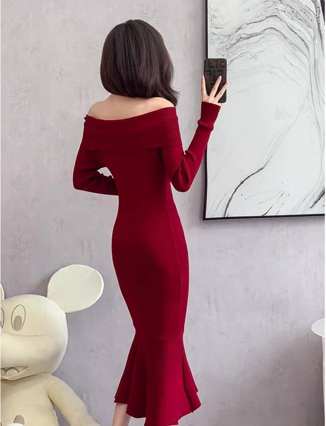 Slim red mermaid knitted package hip temperament dress