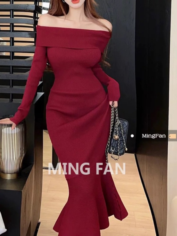 Slim red mermaid knitted package hip temperament dress