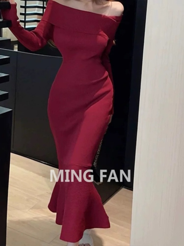 Slim red mermaid knitted package hip temperament dress