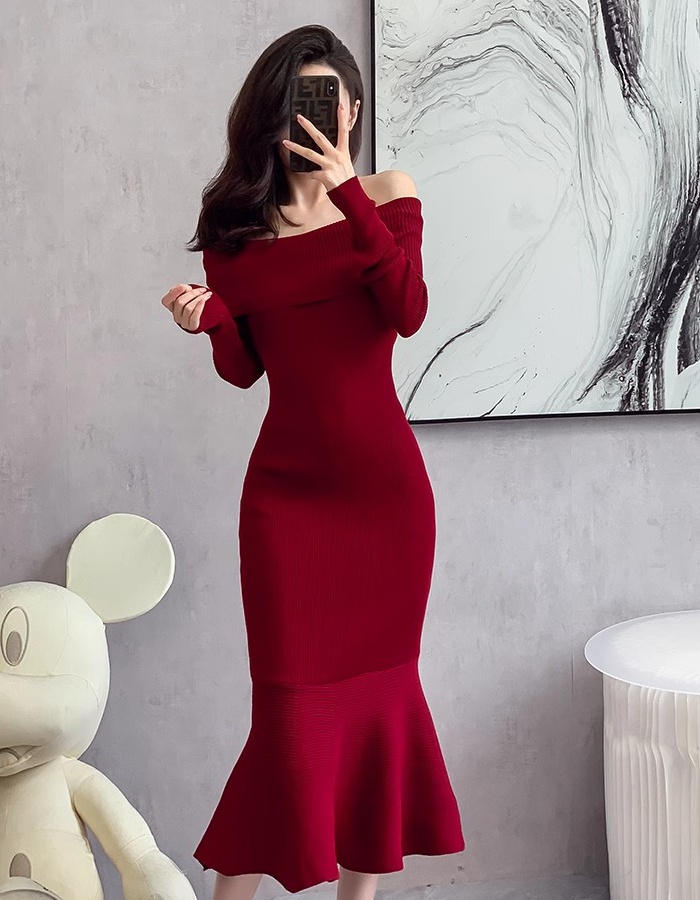 Slim red mermaid knitted package hip temperament dress