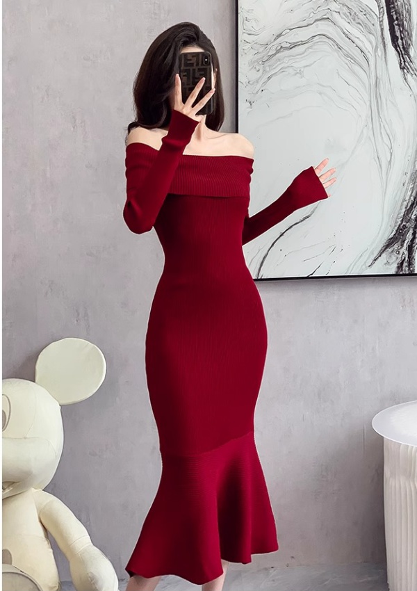 Slim red mermaid knitted package hip temperament dress