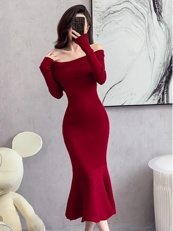 Slim red mermaid knitted package hip temperament dress