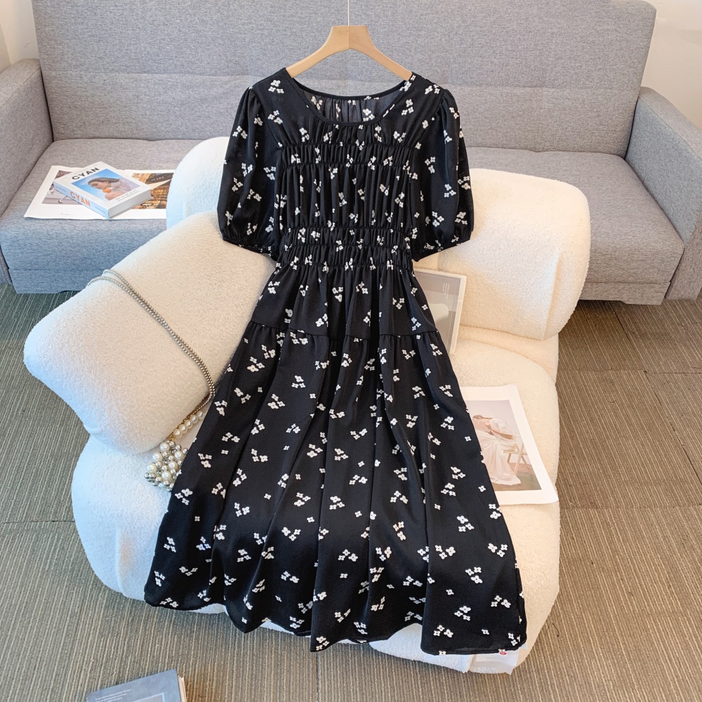 Slim Korean style fat long floral elastic waist dress