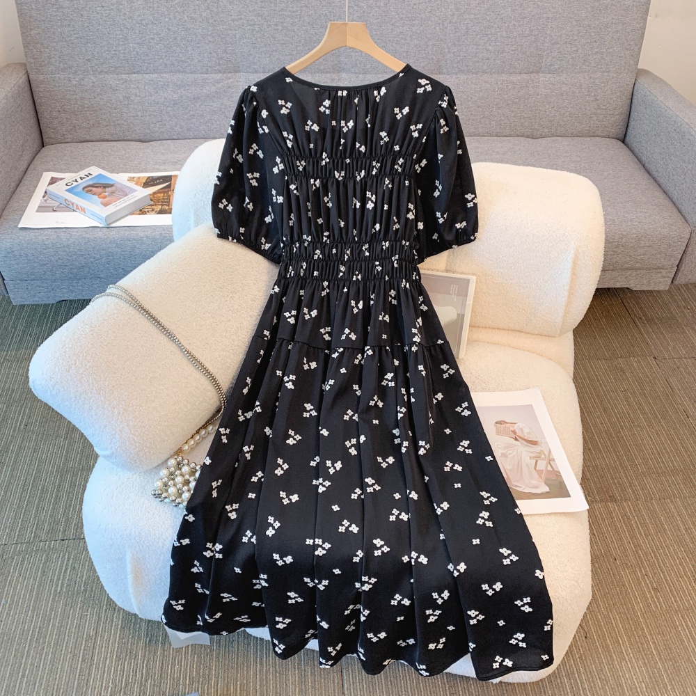 Slim Korean style fat long floral elastic waist dress