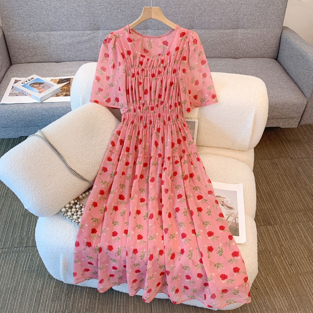 Floral fat slim elastic waist long Korean style dress