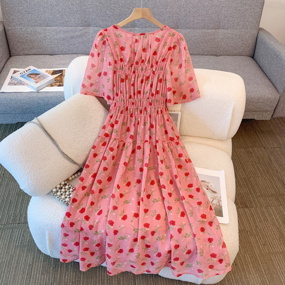 Floral fat slim elastic waist long Korean style dress