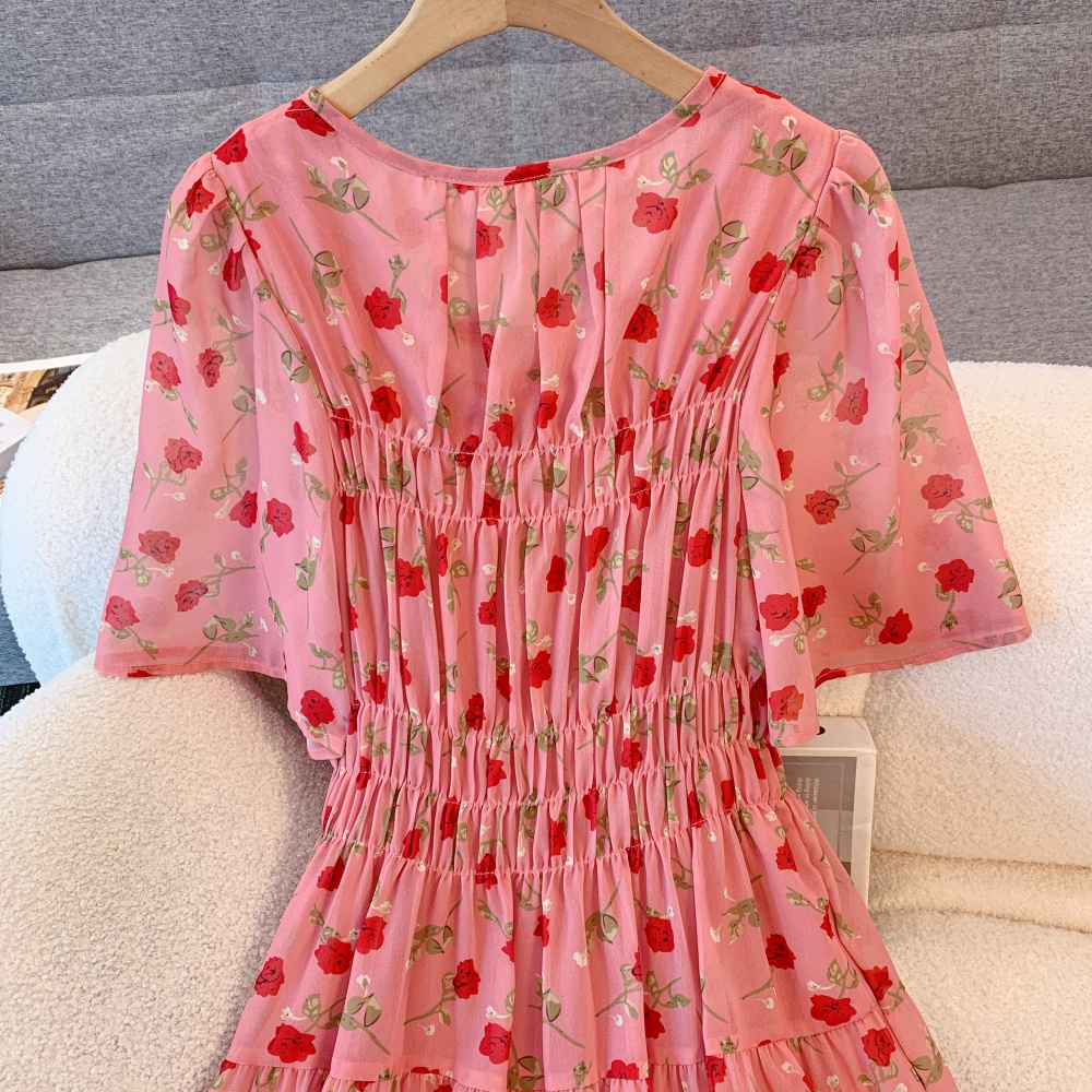 Floral fat slim elastic waist long Korean style dress