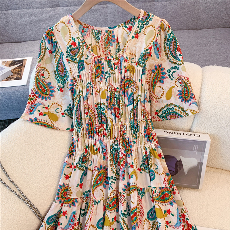 Light slim vacation Bohemian style soft thin high waist dress