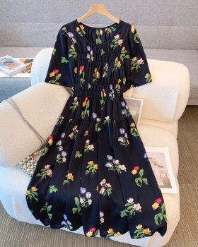 Fat Korean style slim temperament big flower long dress