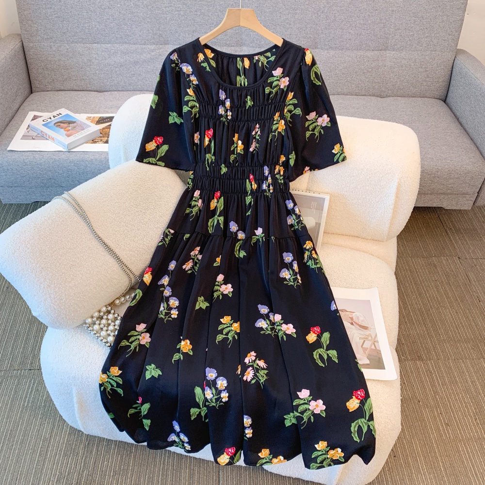 Fat Korean style slim temperament big flower long dress