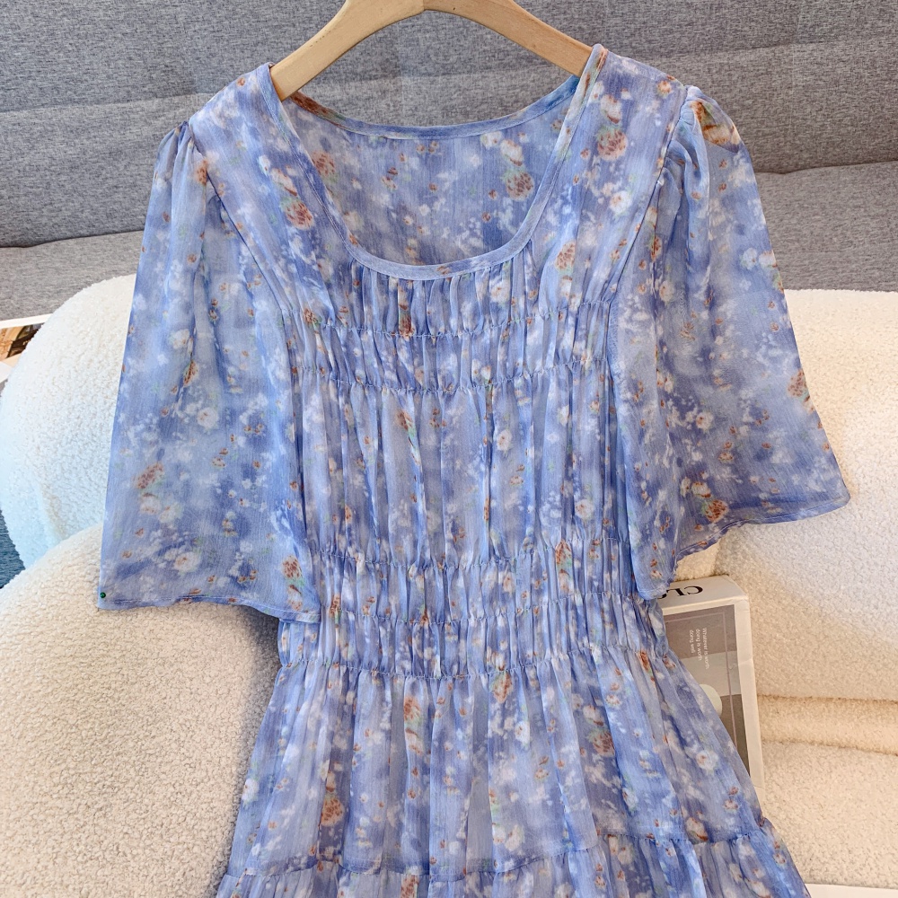 Floral fat large yard dress blue was white long dress