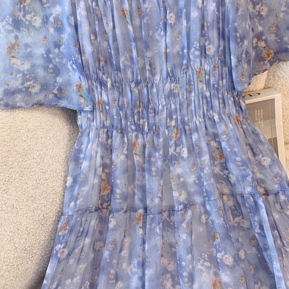 Floral fat large yard dress blue was white long dress