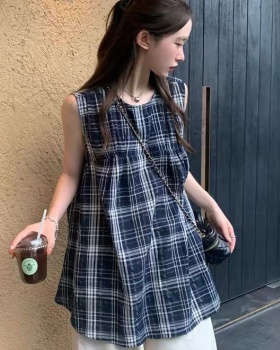 Summer round neck tops loose plaid shirt for women