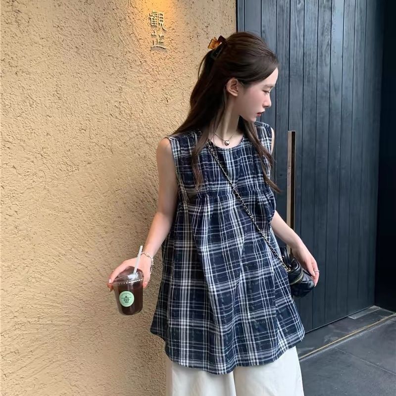 Summer round neck tops loose plaid shirt for women