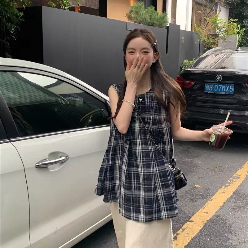 Summer round neck tops loose plaid shirt for women