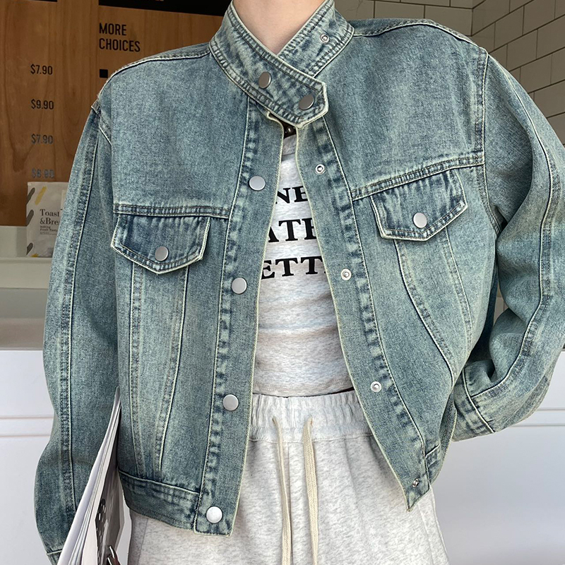 Small fellow denim short tops retro light color coat for women