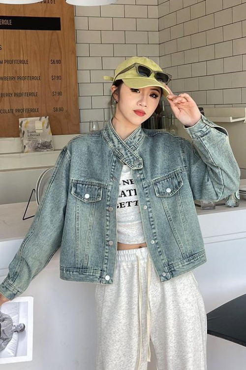 Small fellow denim short tops retro light color coat for women