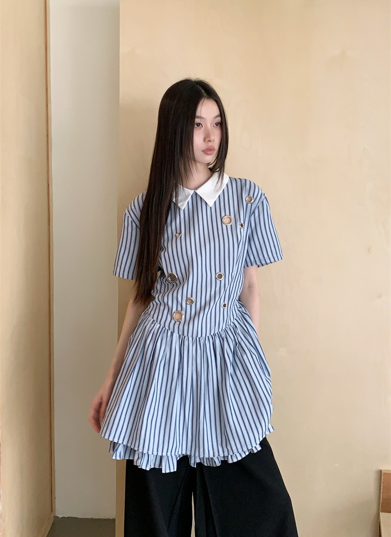 Light stripe shirt short sleeve shirt collar dress