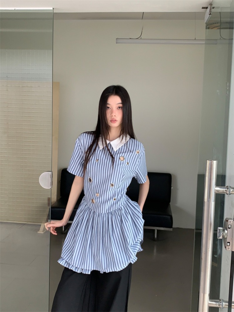 Light stripe shirt short sleeve shirt collar dress