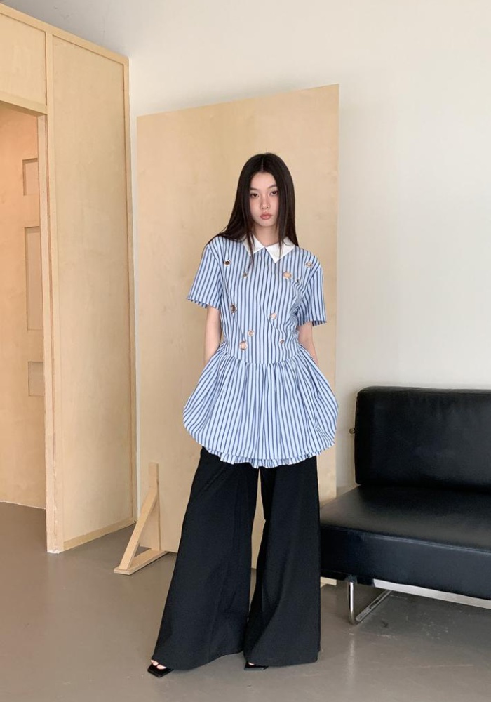 Light stripe shirt short sleeve shirt collar dress