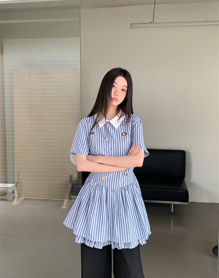 Light stripe shirt short sleeve shirt collar dress