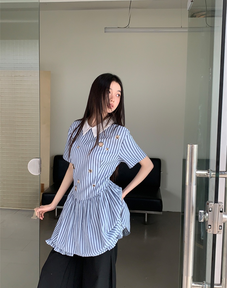 Light stripe shirt short sleeve shirt collar dress