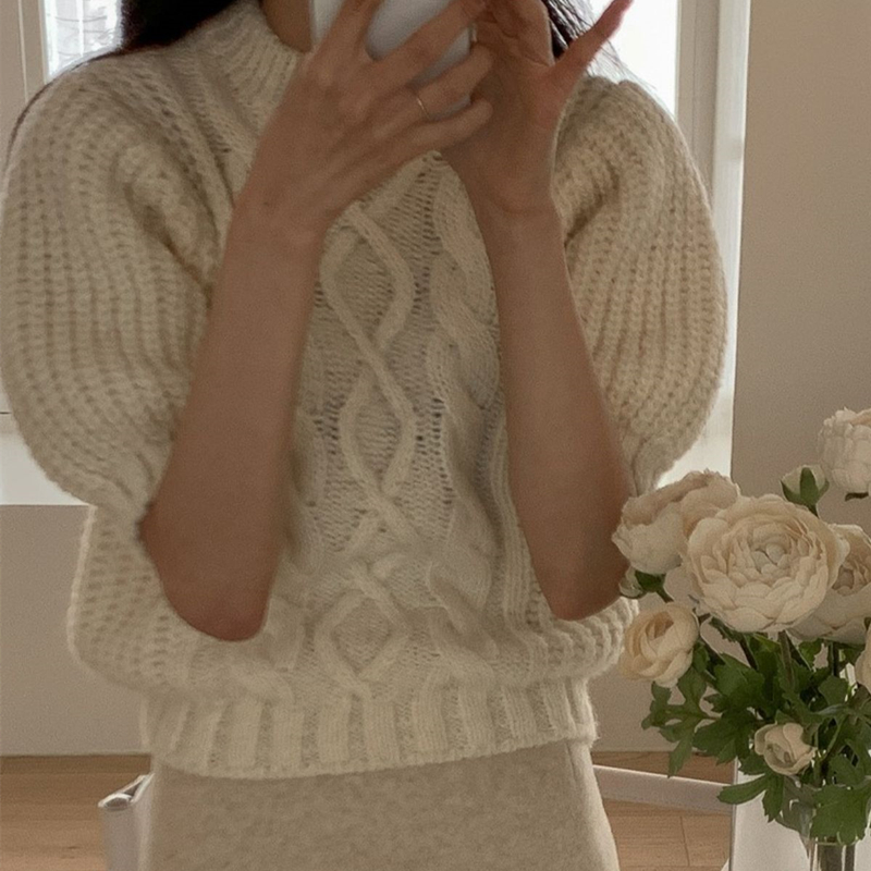 Puff sleeve sweet tops twist France style sweater