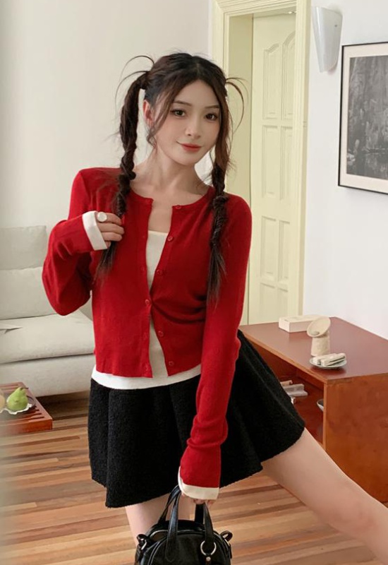 Pseudo-two short long sleeve knitted mixed colors T-shirt