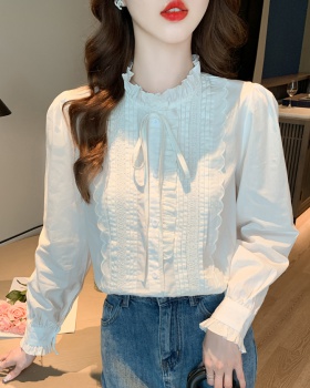 Long sleeve lotus leaf edges shirt splice white tops