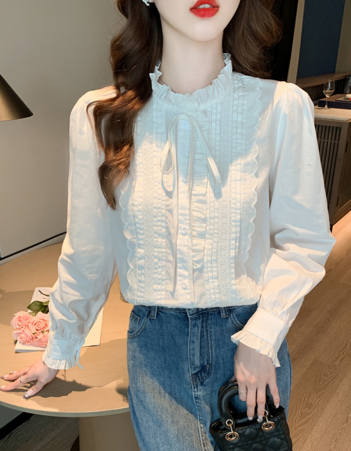 Long sleeve lotus leaf edges shirt splice white tops